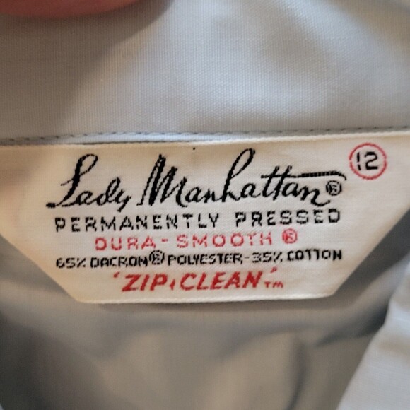 VTG Lady Manhattan Sz 12 S Blue Collar Pleat Long Sleeve Button Dura Smooth READ - Picture 10 of 16